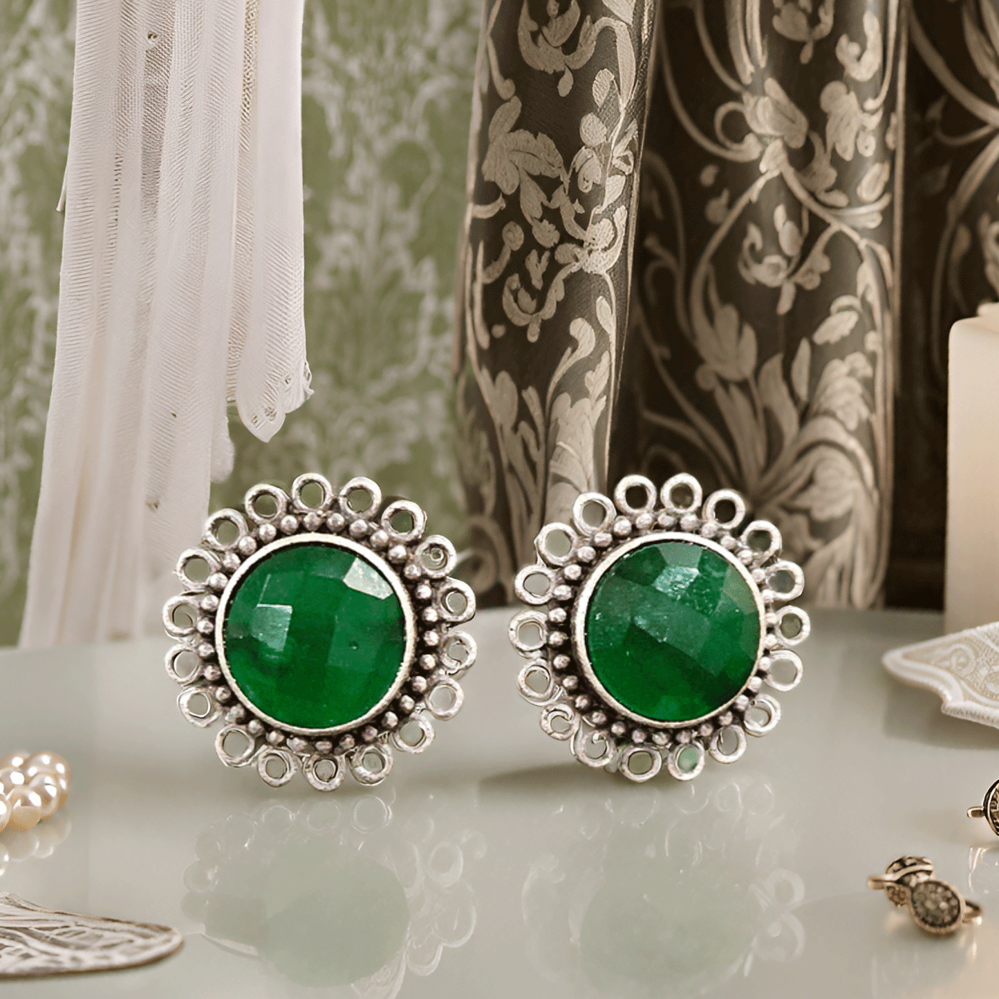 Yellow Stone Oxidised Silver Stud Earrings – Floral Border Design