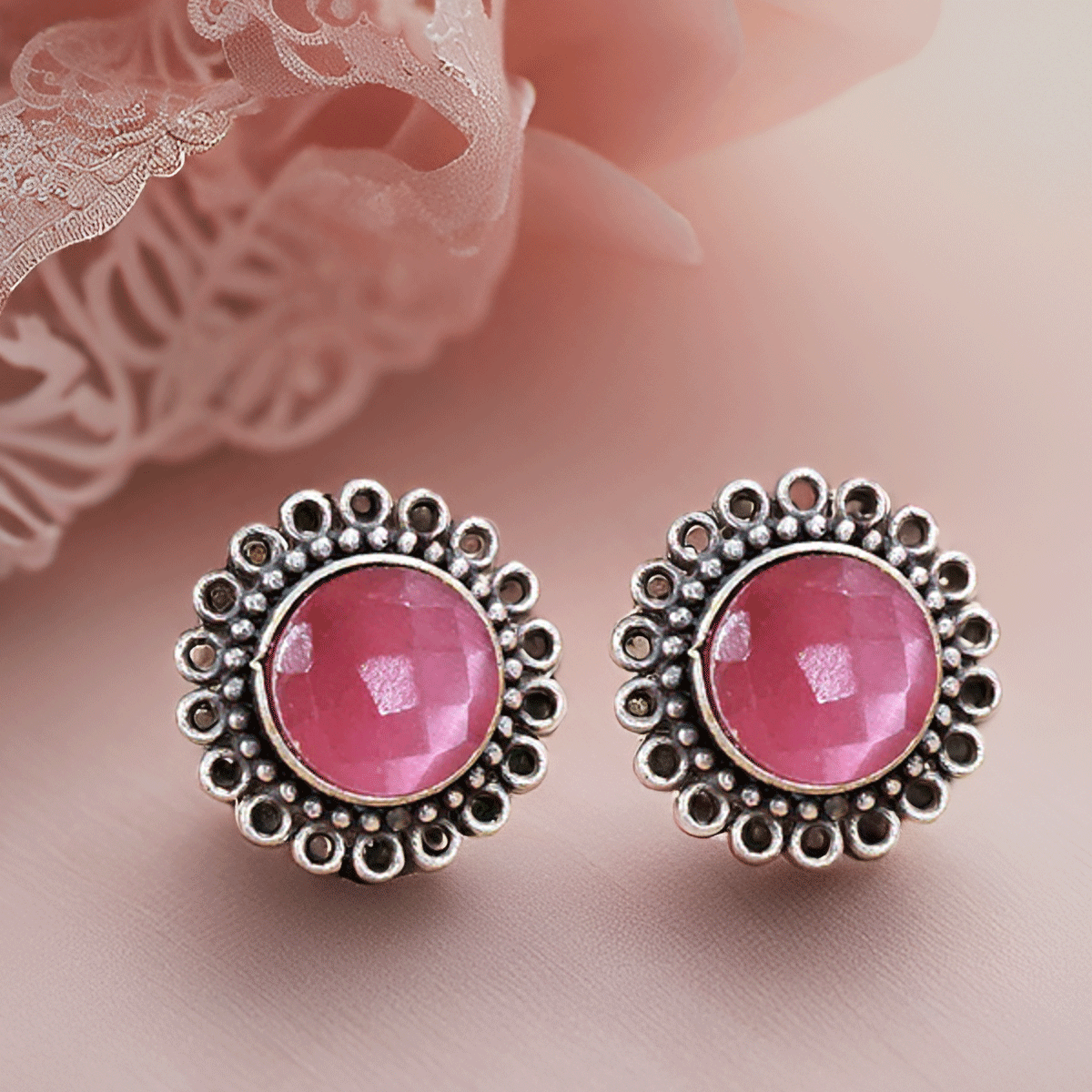 Yellow Stone Oxidised Silver Stud Earrings – Floral Border Design