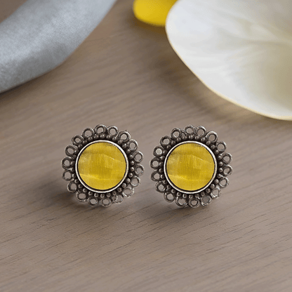 Yellow Stone Oxidised Silver Stud Earrings – Floral Border Design
