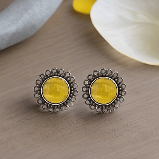 Yellow Stone Oxidised Silver Stud Earrings – Floral Border Design