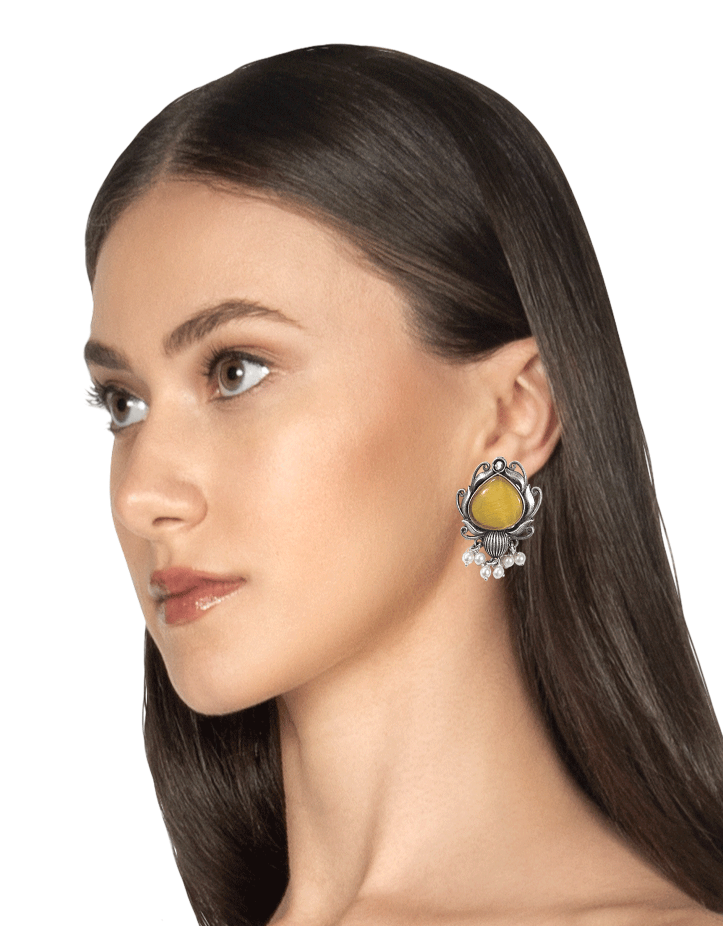 Blue Stone Oxidised Silver Stud Earrings with Pearl Drops