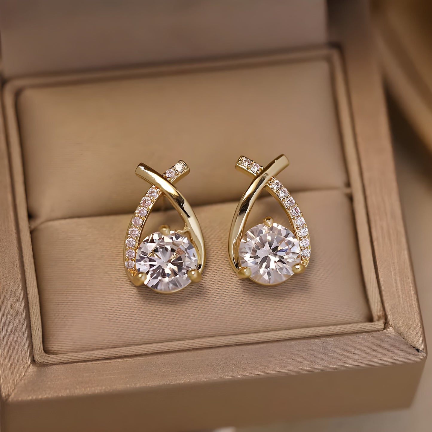 Gold Plated Crystal Teardrop Stud Earrings for Women