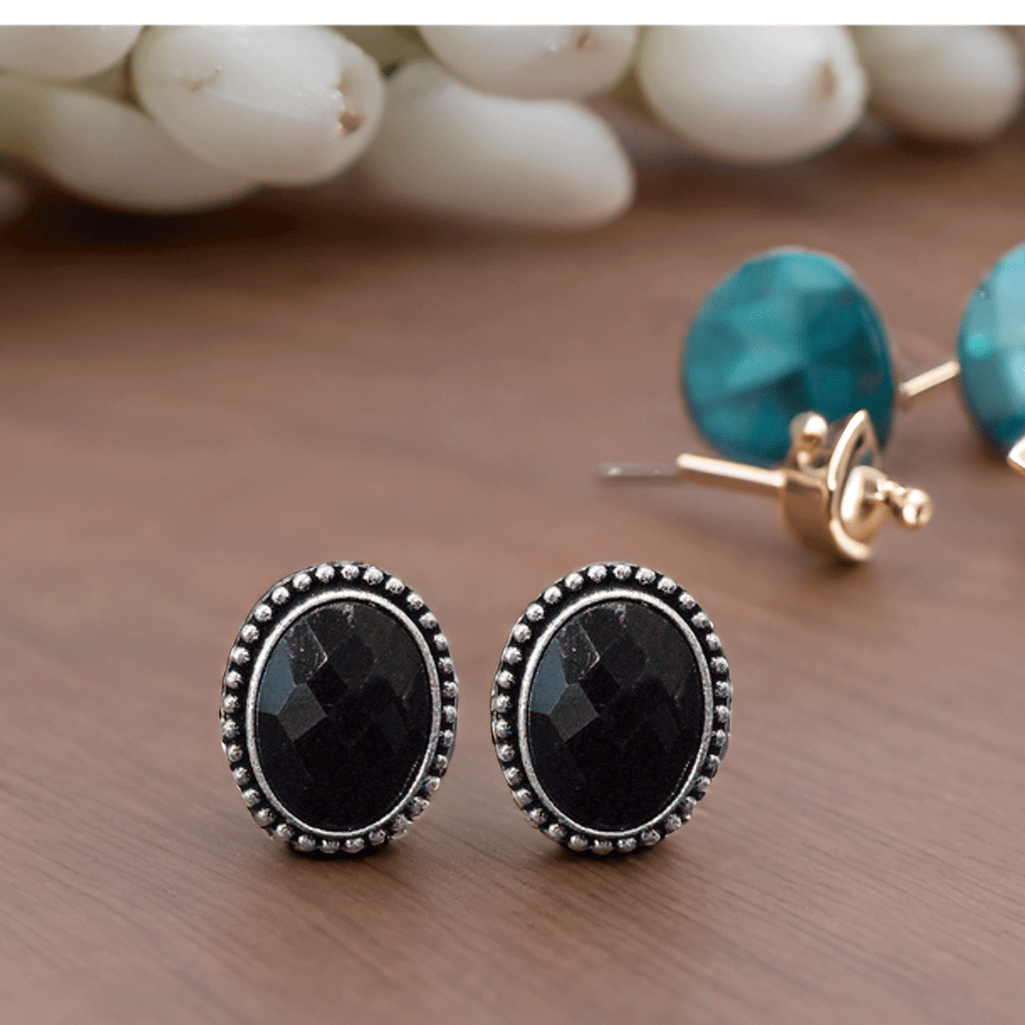 Black Oval Stone Stud Earrings – Oxidised Finish Classic Earrings