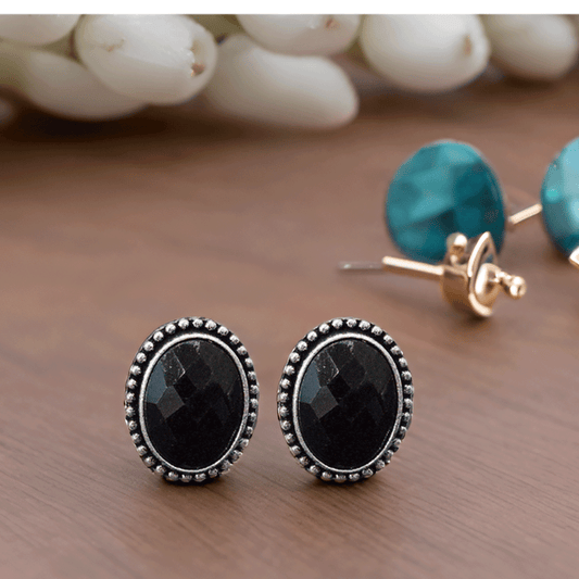 Black Oval Stone Stud Earrings – Oxidised Finish Classic Earrings