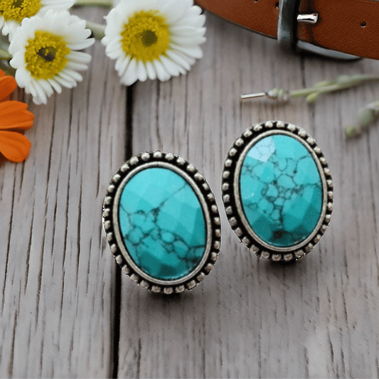 Oval Stone Stud Earrings – Oxidised Finish Classic Earrings