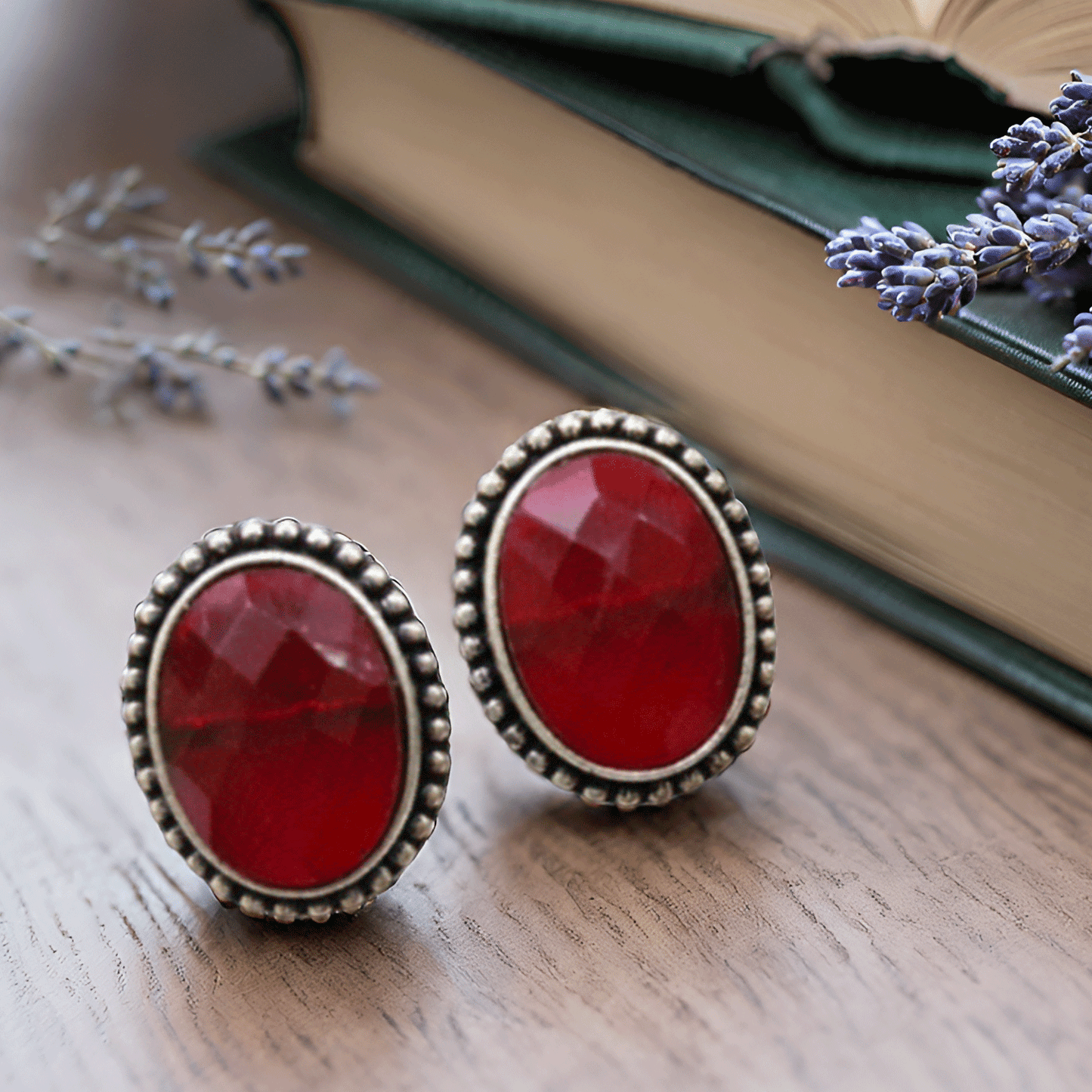 Black Oval Stone Stud Earrings – Oxidised Finish Classic Earrings