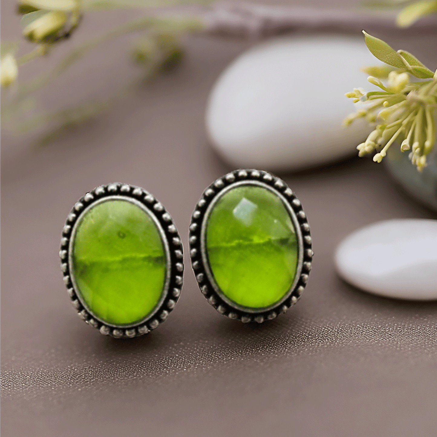 Black Oval Stone Stud Earrings – Oxidised Finish Classic Earrings