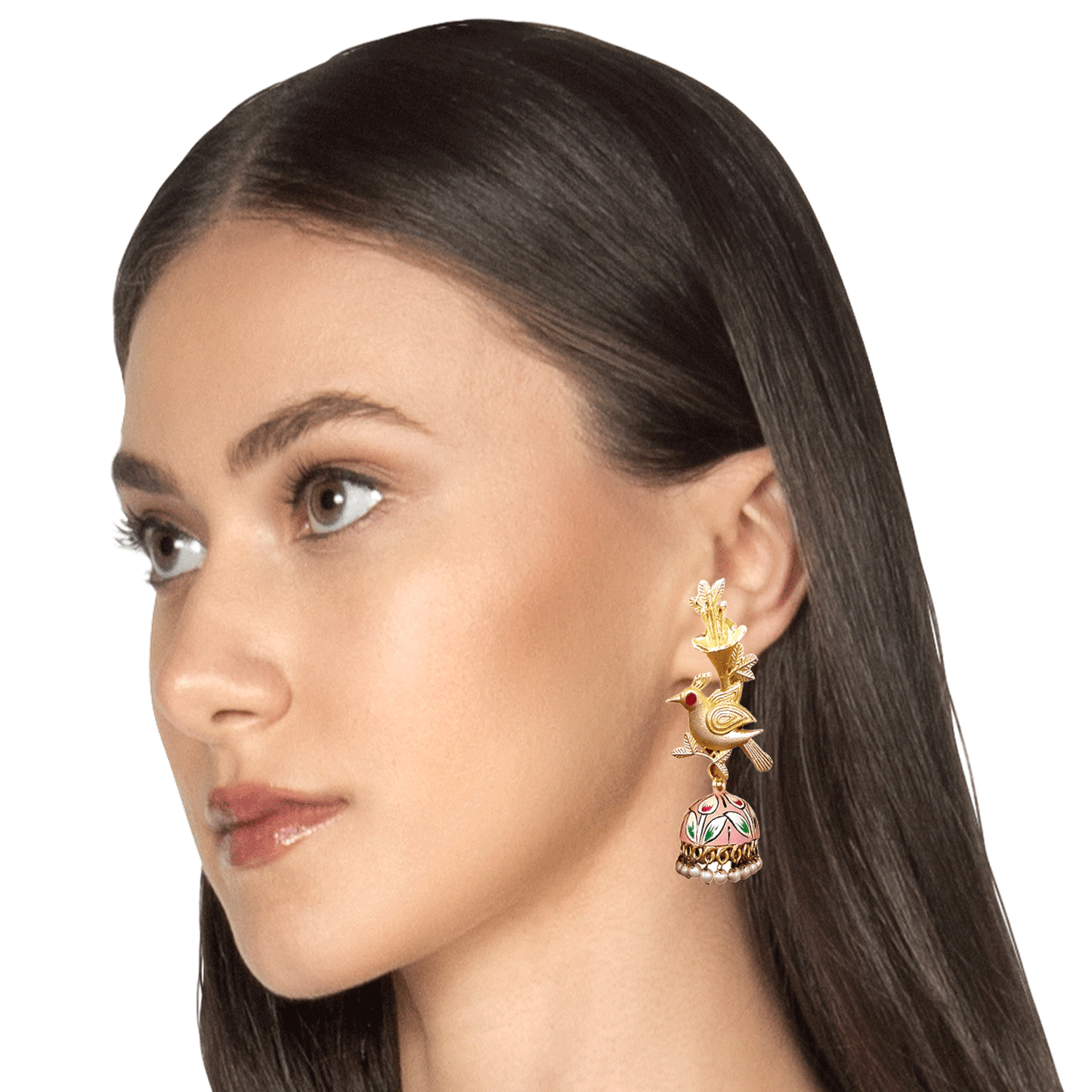 Bird Motif Meenakari Jhumka Earrings with Pearl Drops