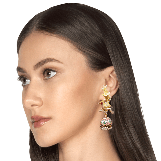 Bird Motif Meenakari Jhumka Earrings with Pearl Drops
