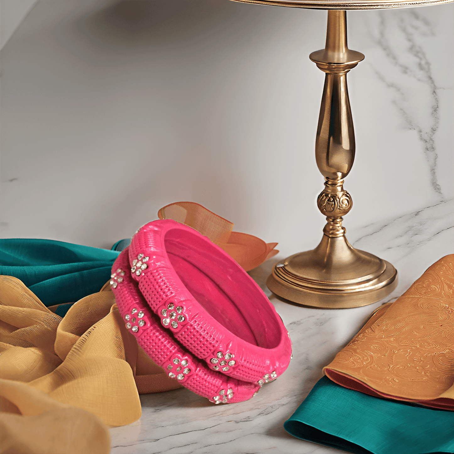 Peach Textured Stone-Studded Lac Bangles – Elegant Ethnic Bangle Set (Set of 2)