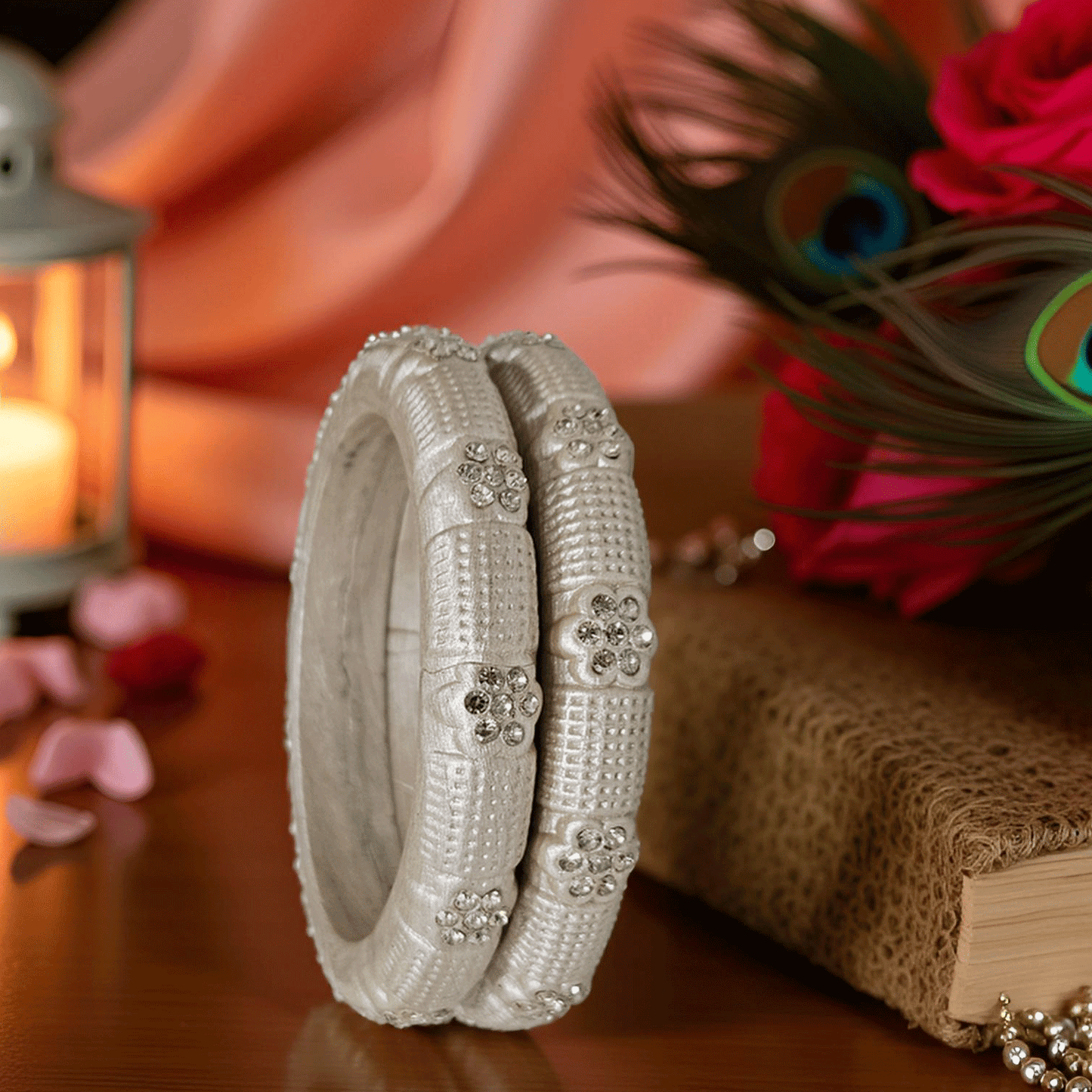 Peach Textured Stone-Studded Lac Bangles – Elegant Ethnic Bangle Set (Set of 2)