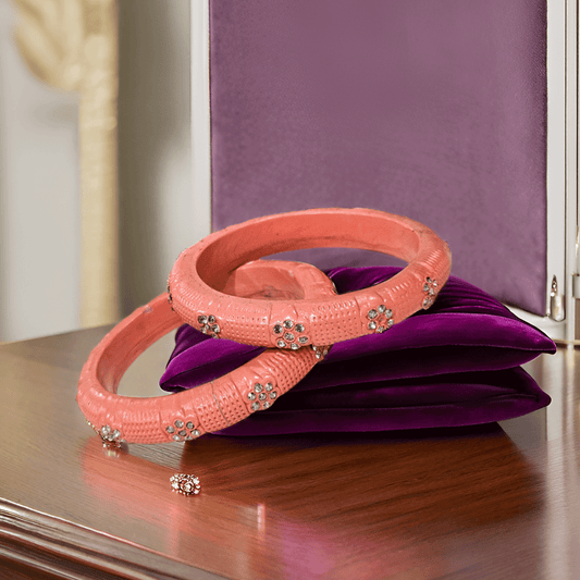 Peach Textured Stone-Studded Lac Bangles – Elegant Ethnic Bangle Set (Set of 2)
