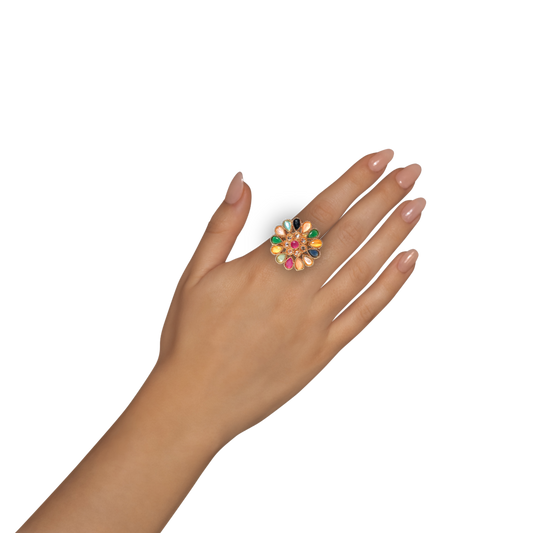 Multicolor Floral Cocktail Ring – Gold Plated Statement Ring