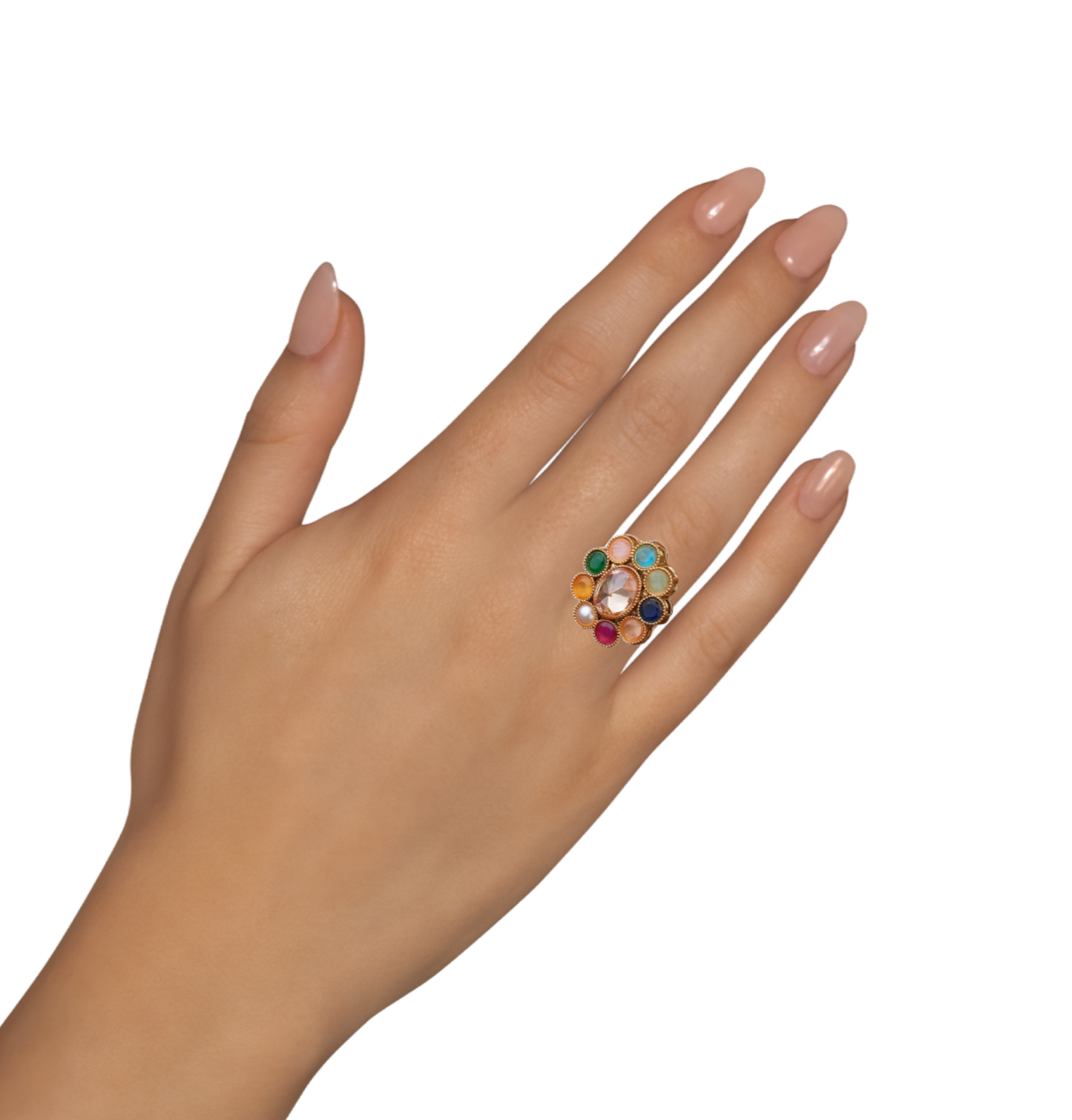 Gold & Multicolor Ethnic Adjustable Ring For Women (Skin Safe)