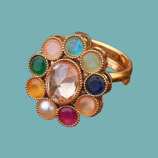 Gold & Multicolor Ethnic Adjustable Ring For Women (Skin Safe)