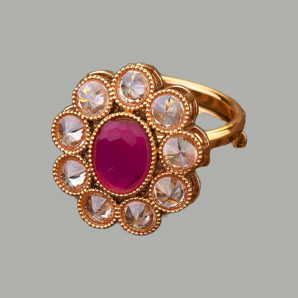 Gold & Ruby Ethnic Adjustable Ring For Women (Skin Safe)