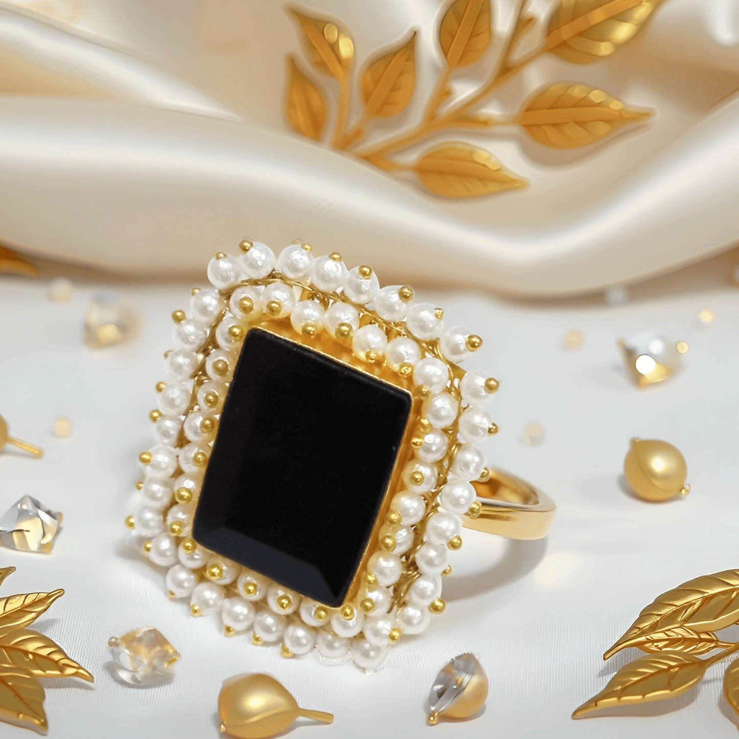 Ruby Pearl Halo Cocktail Ring – Gold Plated