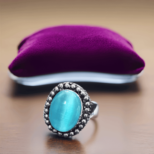 Blue Oval Stone Oxidised Silver-Finish Ring for Women