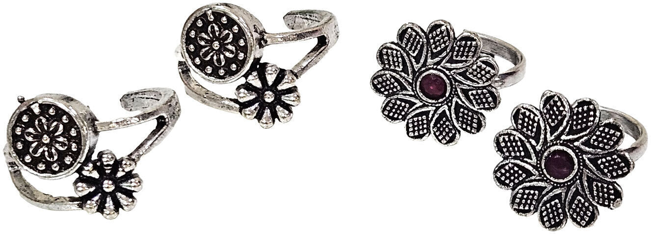 Floral Ethnic Toe Rings For Women (Skin Safe) - Combo Pack of 2