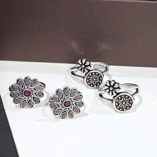 Floral Ethnic Toe Rings For Women (Skin Safe) - Combo Pack of 2