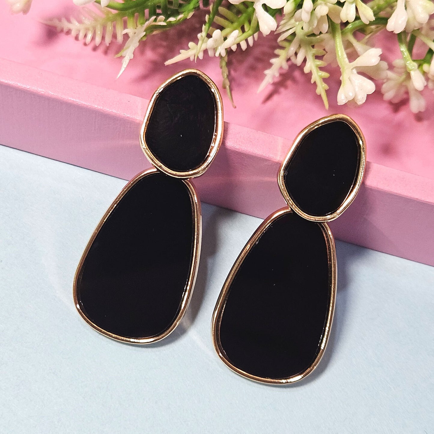 Black & Gold Metal Push Back Contemporary Stud Earring For Women (Skin Safe)
