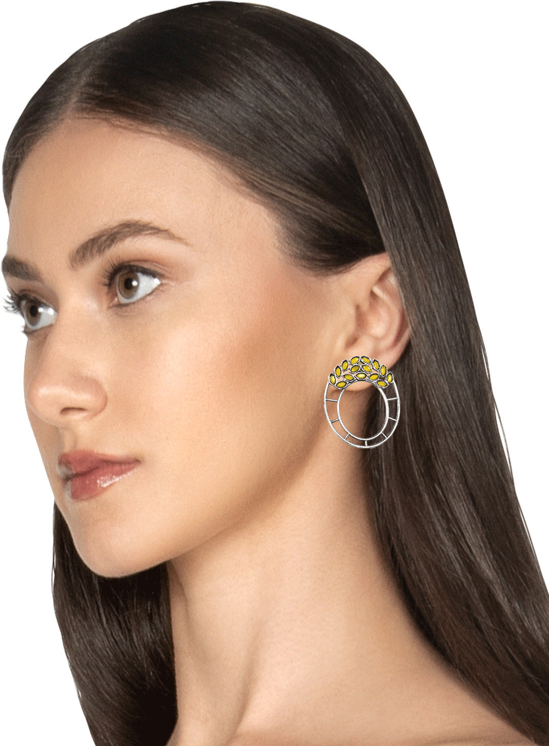 Yellow & Silver Alloy Push Back Contemporary Stud Earring For Women (Skin Safe)