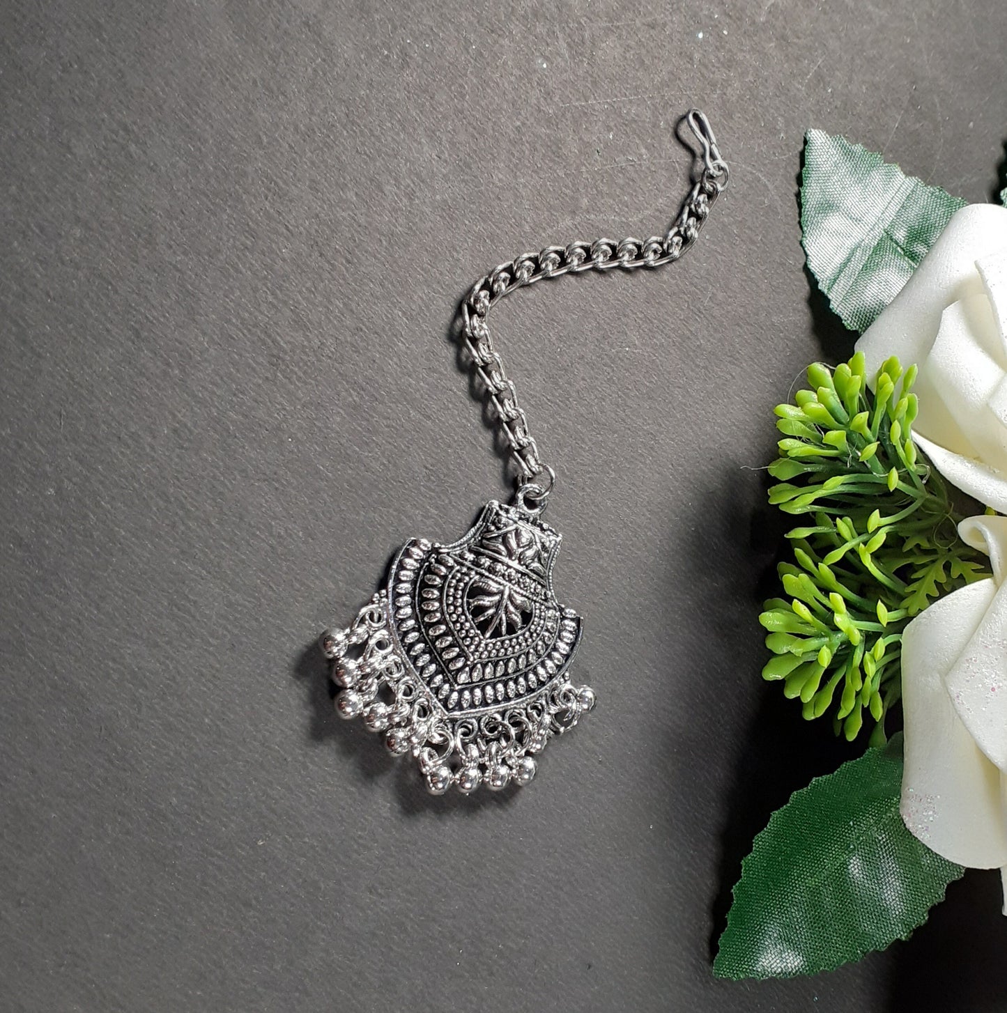 Oxidised Silver Antique & Charm Maang Tikka For Women (Skin Safe)