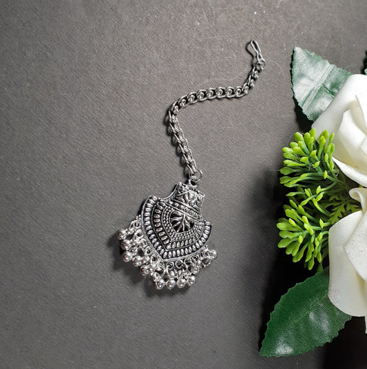 Oxidised Silver Antique & Charm Maang Tikka For Women (Skin Safe)
