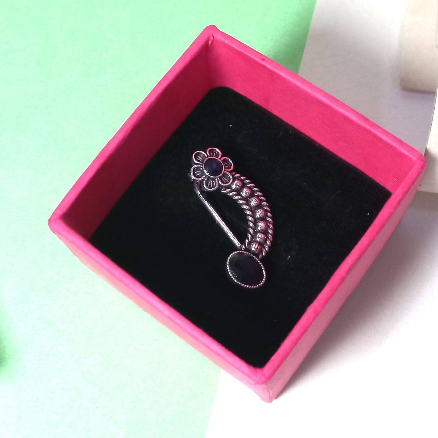 Silver & Black Alloy Ethnic Nose Ring Nosepin For Women (Skin Safe)