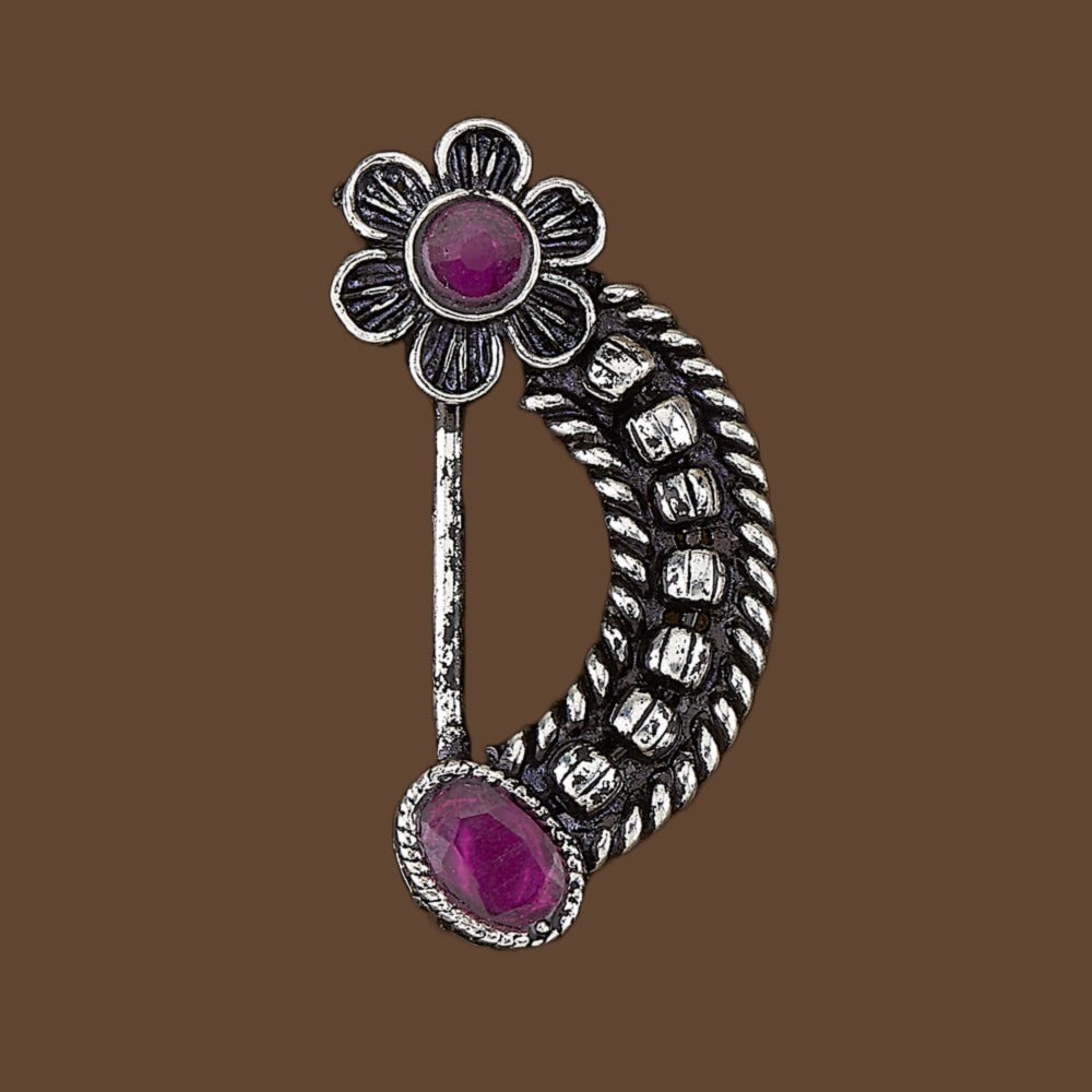 Silver & Pink Alloy Ethnic Nose Ring Nosepin For Women (Skin Safe)