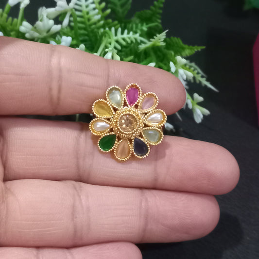 Gold & Multicolor Alloy Comfort Ethnic Ring For Women (Skin Safe)