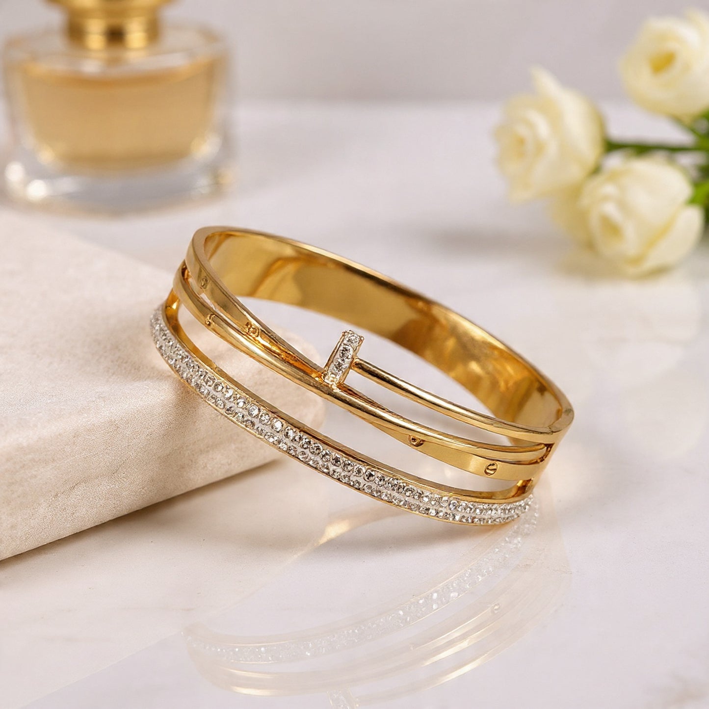 Celestia Nail Luxe Bracelet – Gold Plated Crystal Cuff