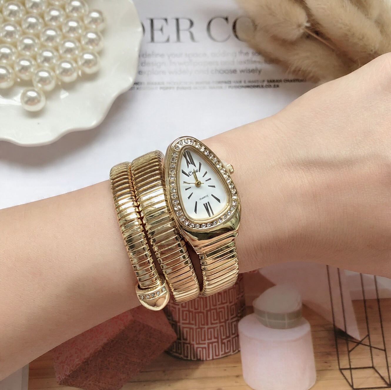 Gold-Plated Snake Watch with Spiral Bracelet