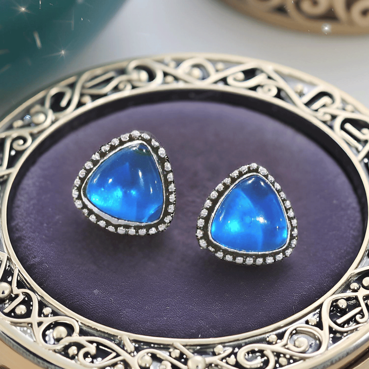 Colorful Stone Stud Earrings with Beaded Oxidised Border