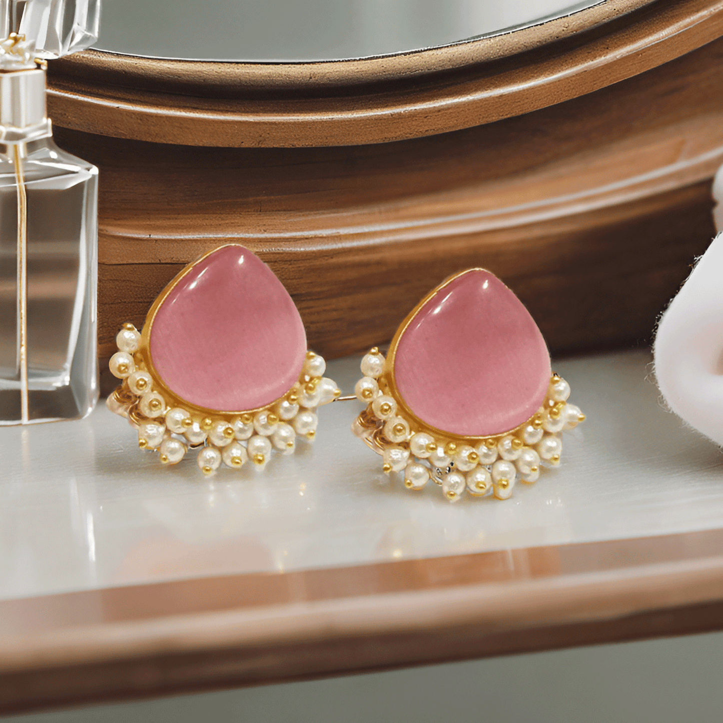 Pearl Drop Stud Earrings – Elegant Gold-Tone Ethnic Earrings
