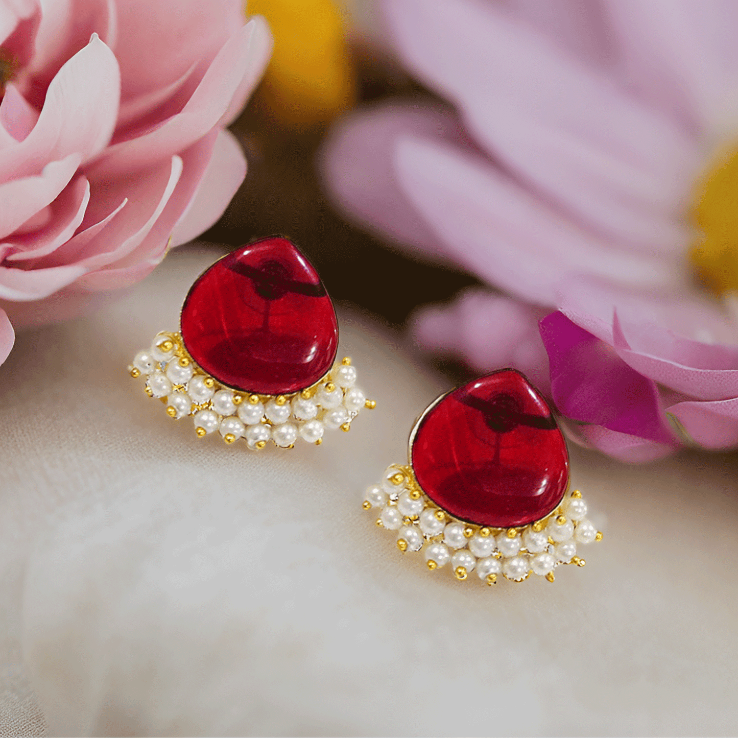 Pearl Drop Stud Earrings – Elegant Gold-Tone Ethnic Earrings