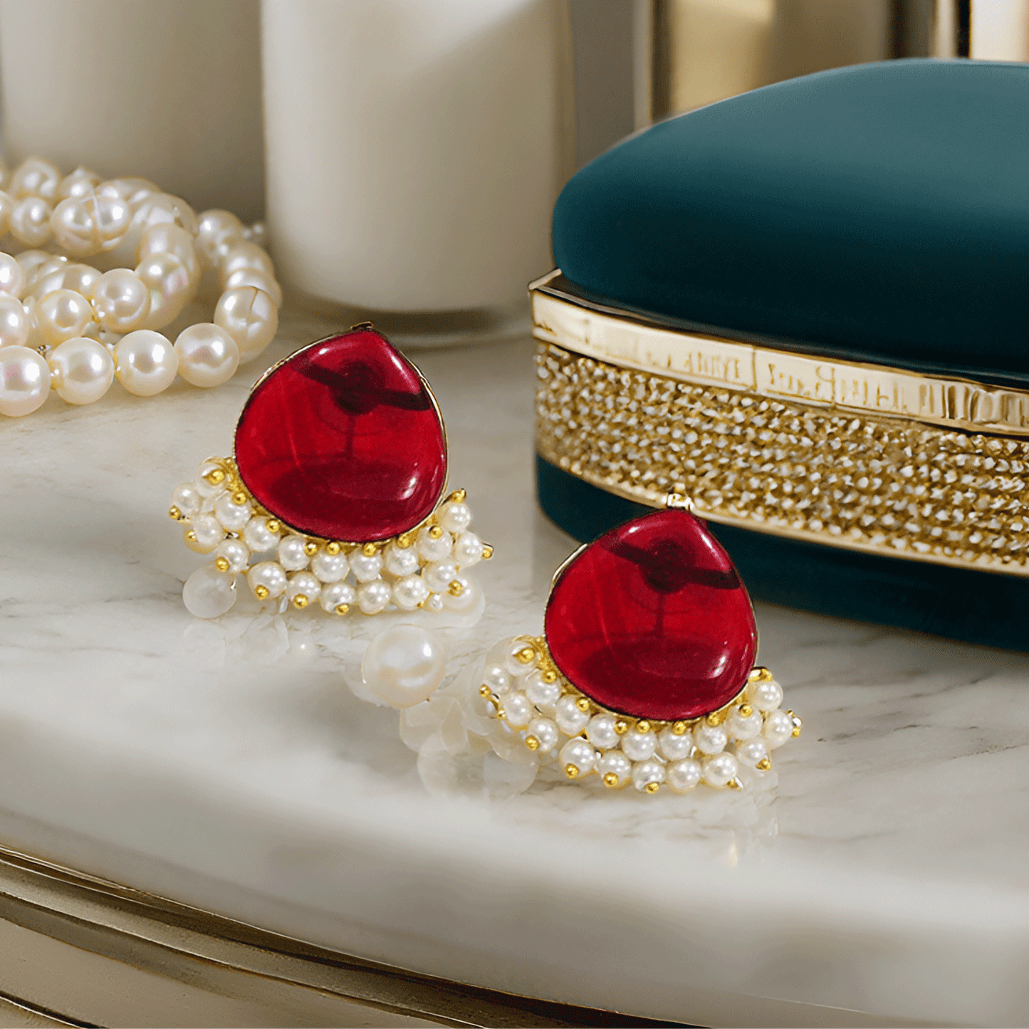 Pearl Drop Stud Earrings – Elegant Gold-Tone Ethnic Earrings