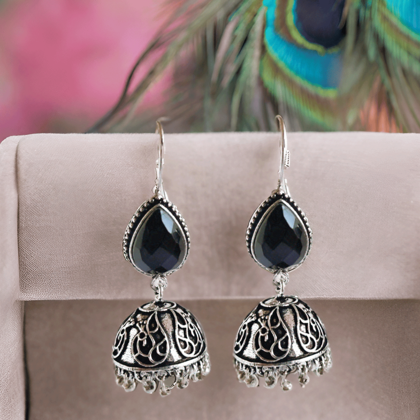 Mint Green Stone Oxidised Silver Jhumka Earrings