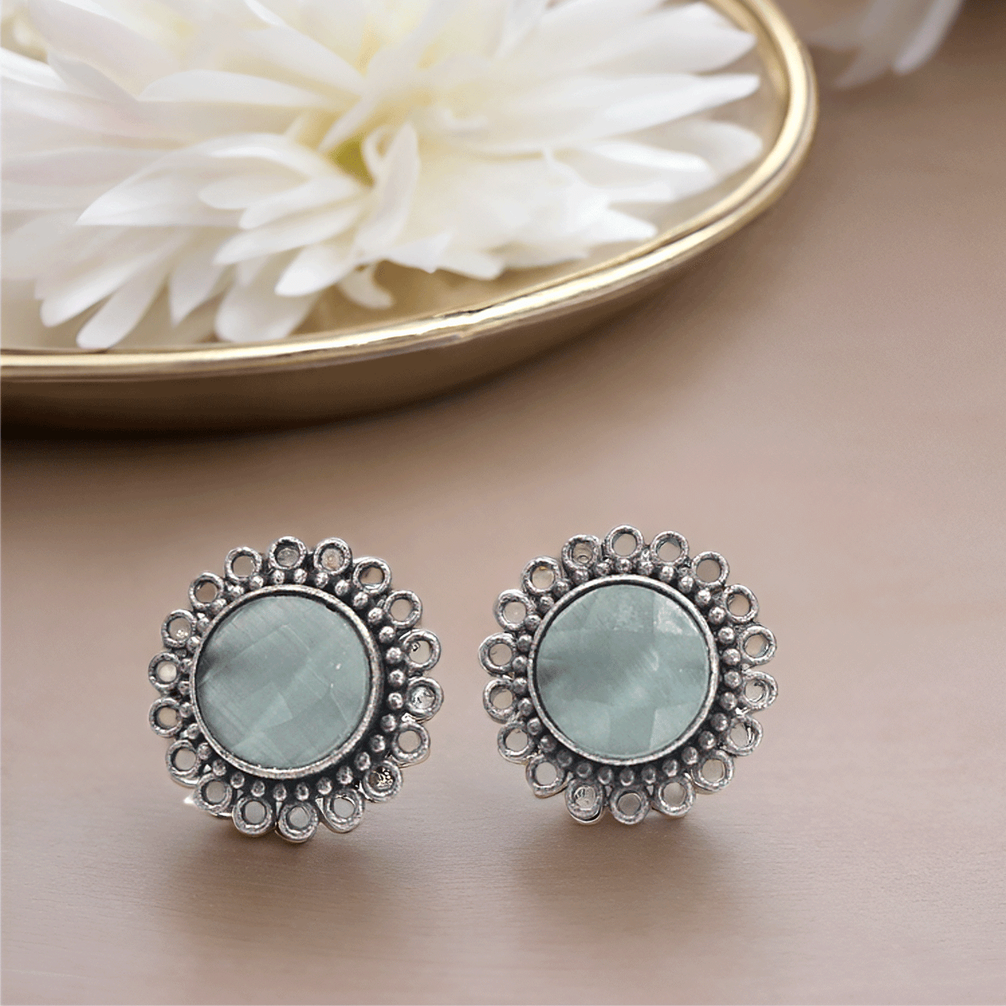 Yellow Stone Oxidised Silver Stud Earrings – Floral Border Design