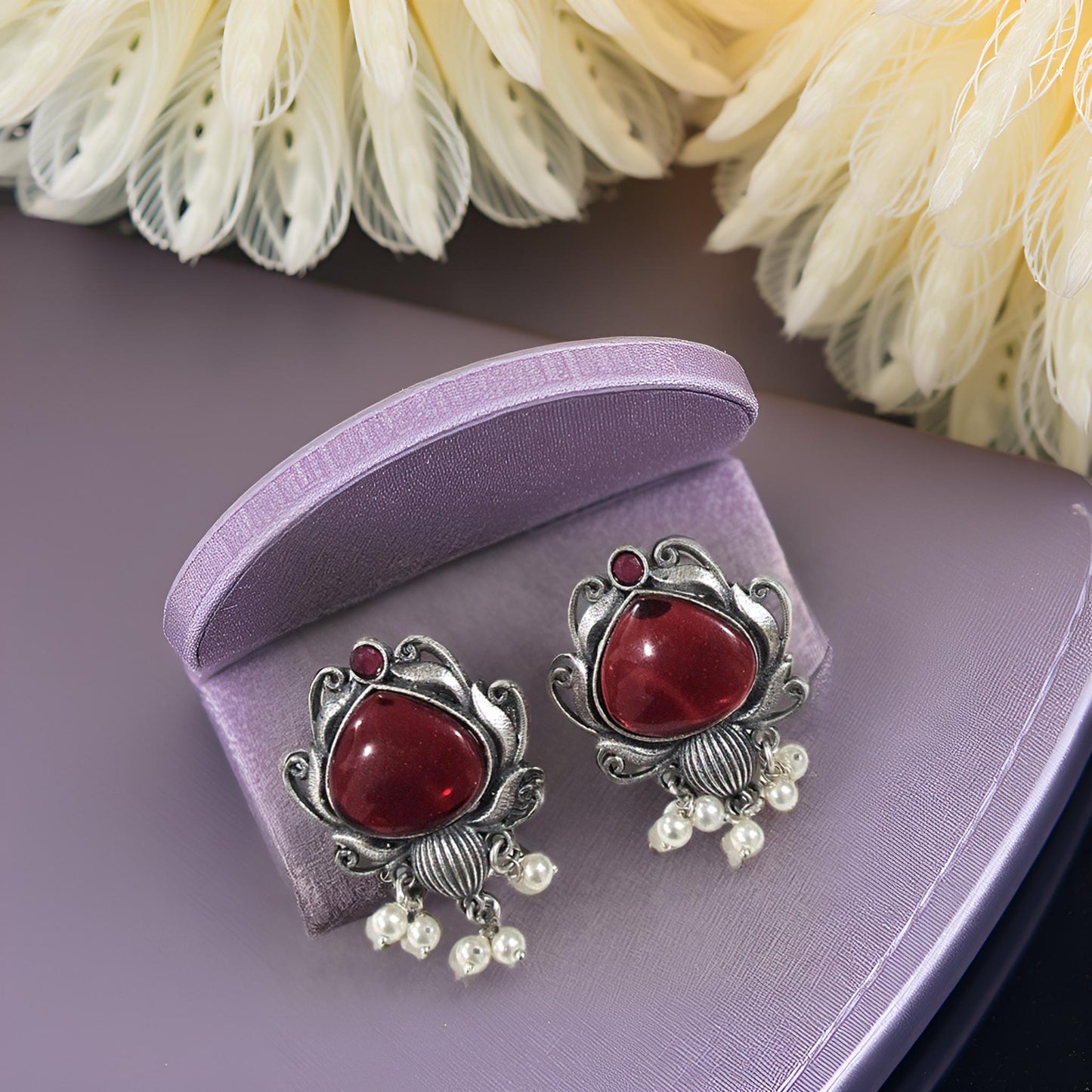 Blue Stone Oxidised Silver Stud Earrings with Pearl Drops