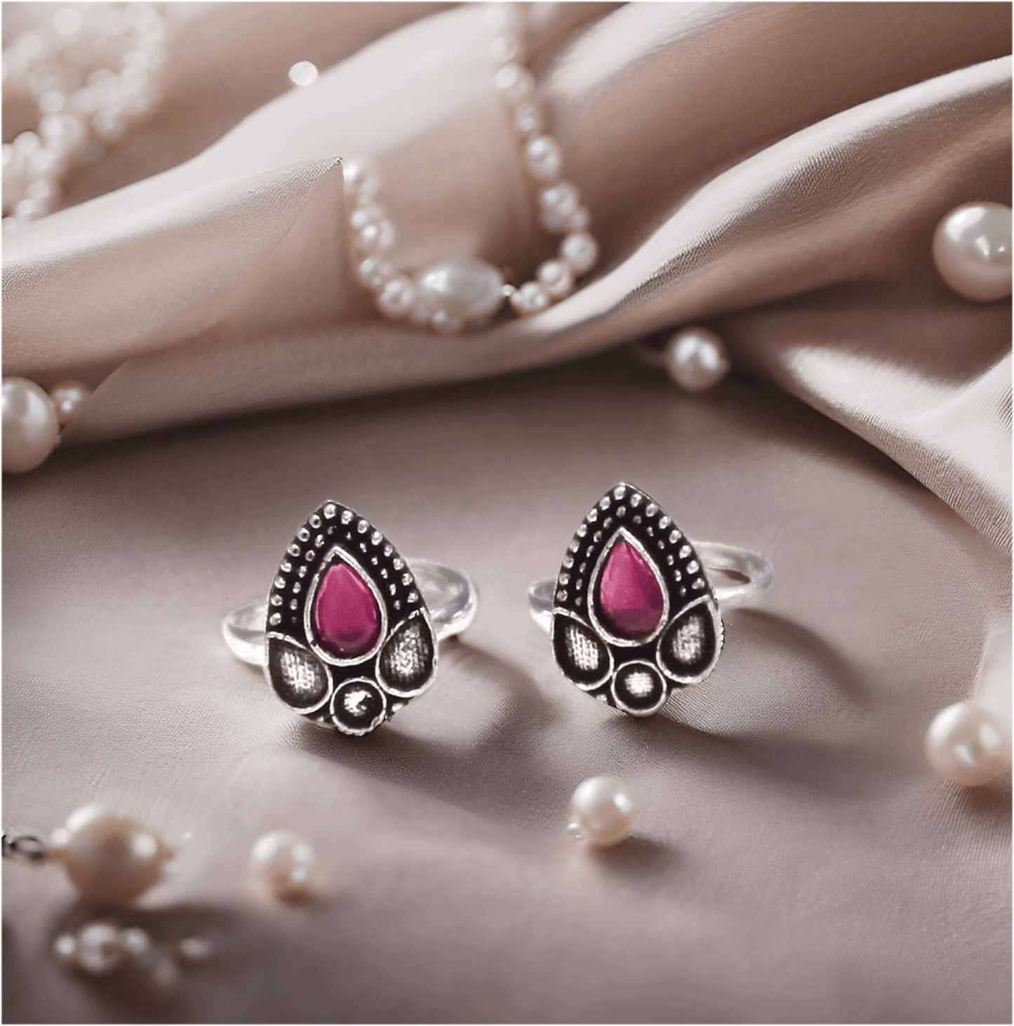 Silver & Pink Alloy Comfort Ethnic Toe Ring For Women (Skin Safe)