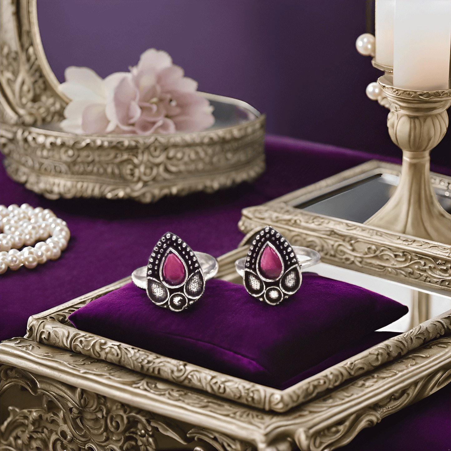 Silver & Pink Alloy Comfort Ethnic Toe Ring For Women (Skin Safe)