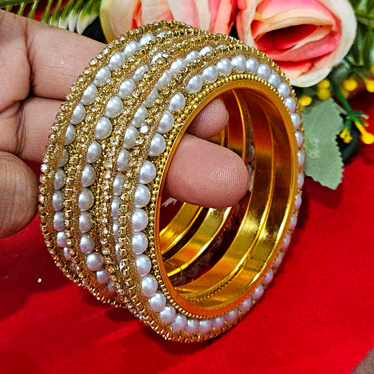 Golden & White Pearl Metal Bangles Pack of 4 For Women (Skin Safe)