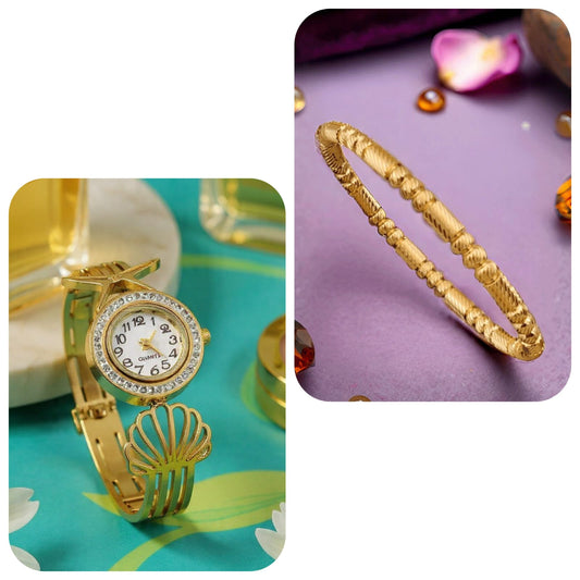 Combo Pack - Gold Bracelet Watch + Textured Designer Bracelet for Women