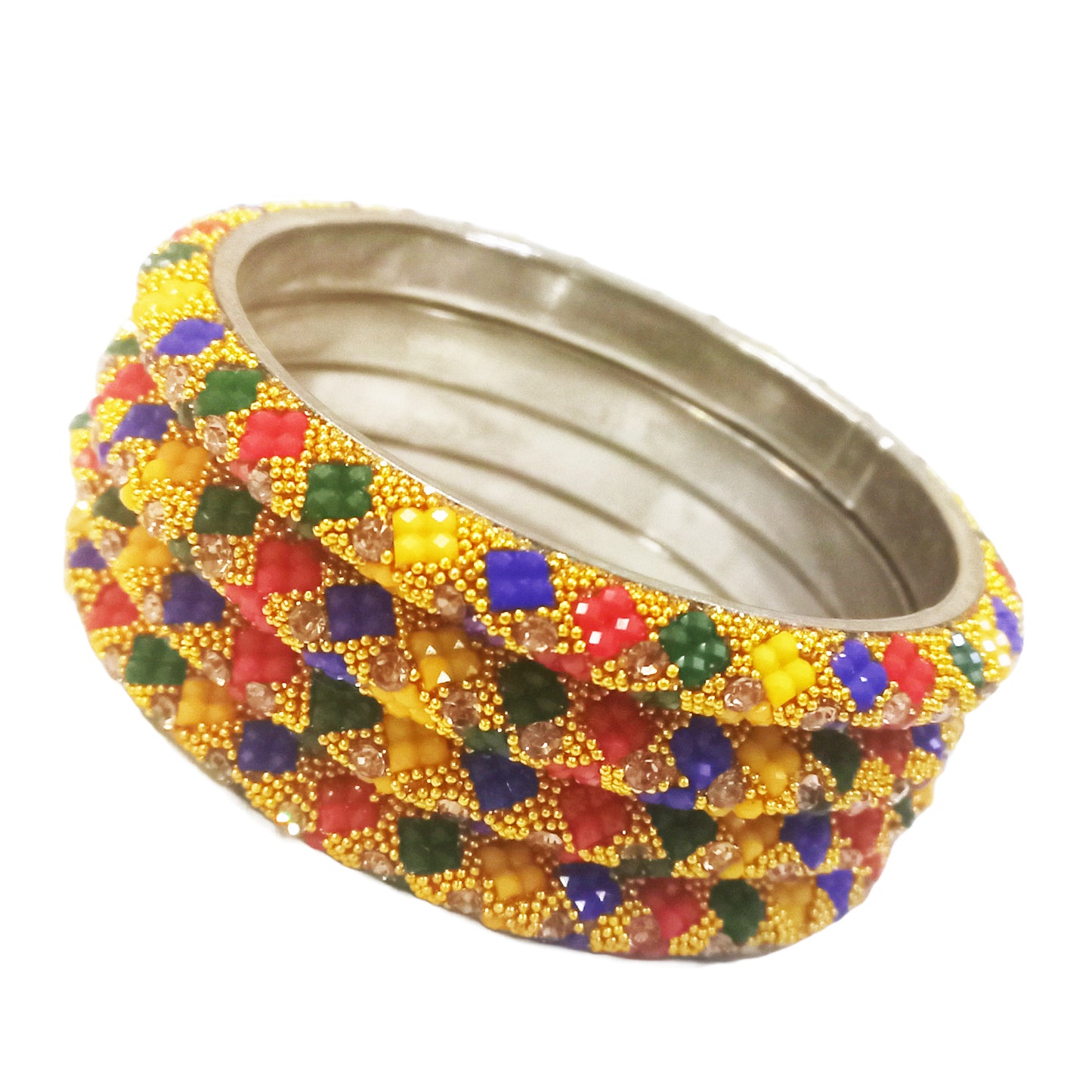 Multicolour Beaded Gold-Tone Bangle Set for Women (Pack of 4)