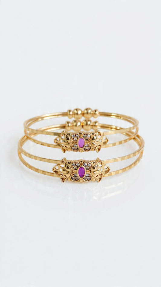 Combo Set of 2 Traditional Gold Plated Bangles â€“ Floral Ruby Stone Design