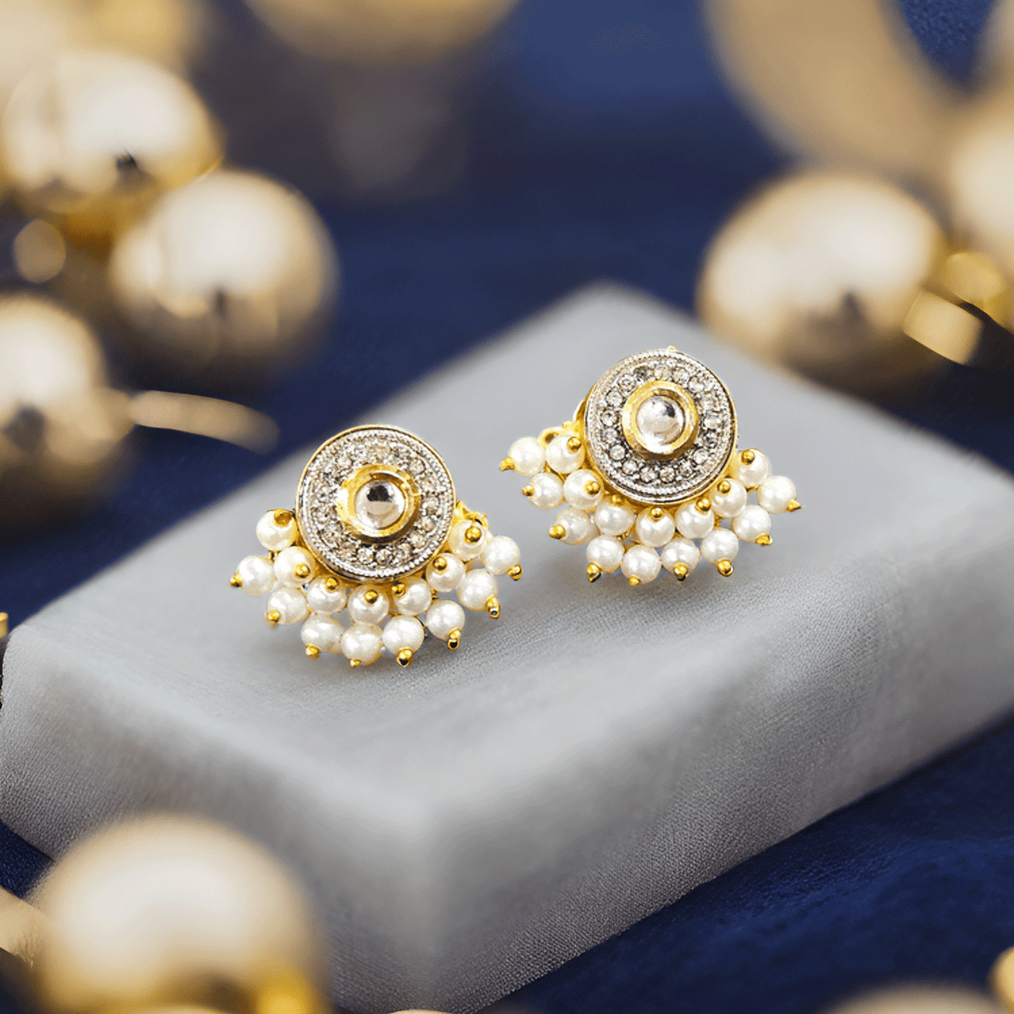 Small Kundan Pearl Stud Earrings For Women (Skin Safe)