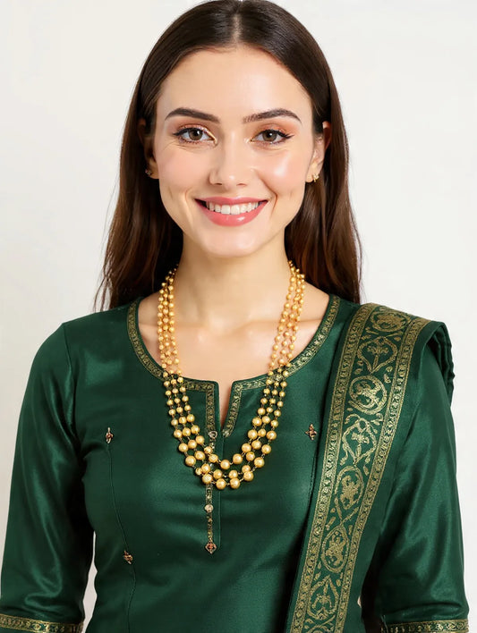 Traditional Micro Gold-Plated Triple Layer Beaded Necklace