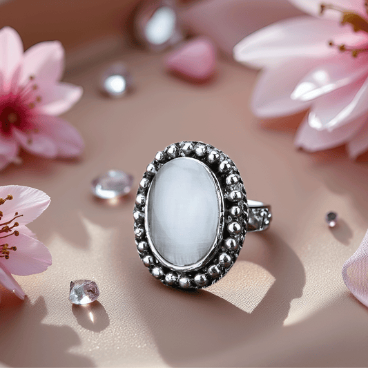 Blue Oval Stone Oxidised Silver-Finish Ring for Women