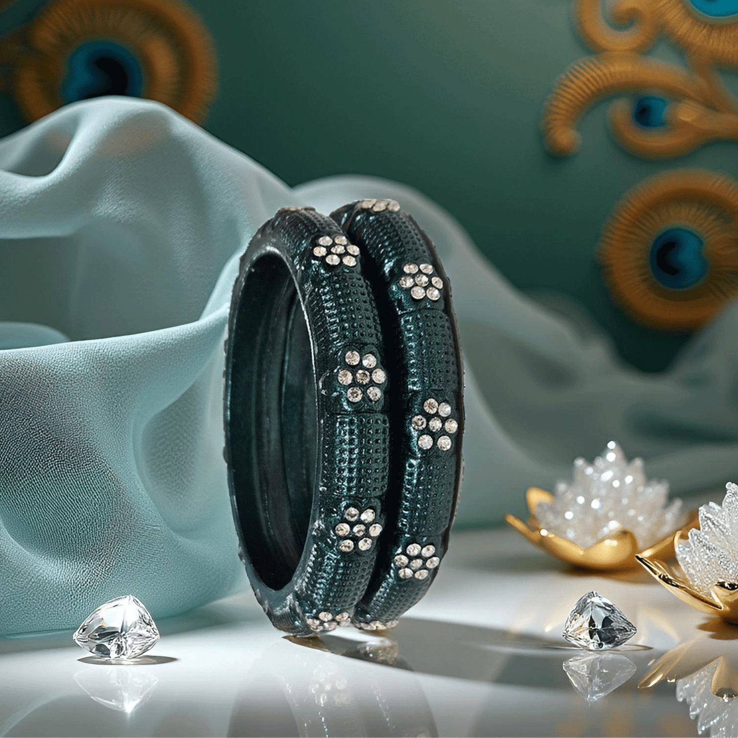 Peach Textured Stone-Studded Lac Bangles – Elegant Ethnic Bangle Set (Set of 2)